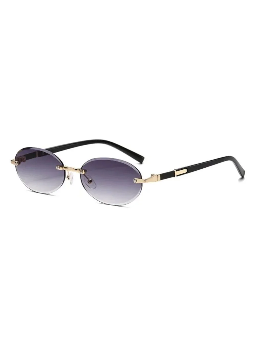 Oval Rimless Grey Lens Sunglasses With Gold & Black Metal Frame